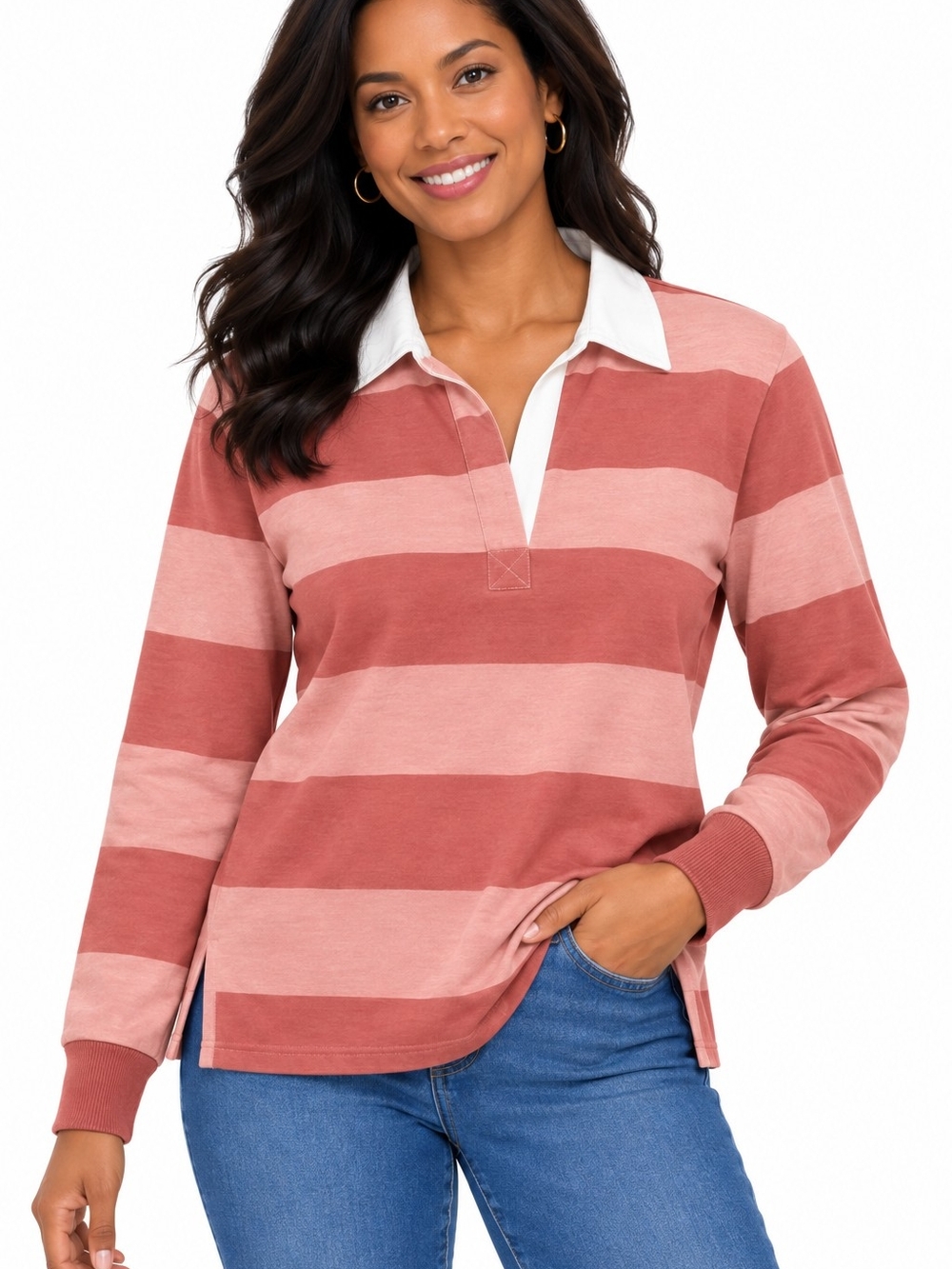 Lands' End Striped Rugby Polo - Dusty Rose & Blush